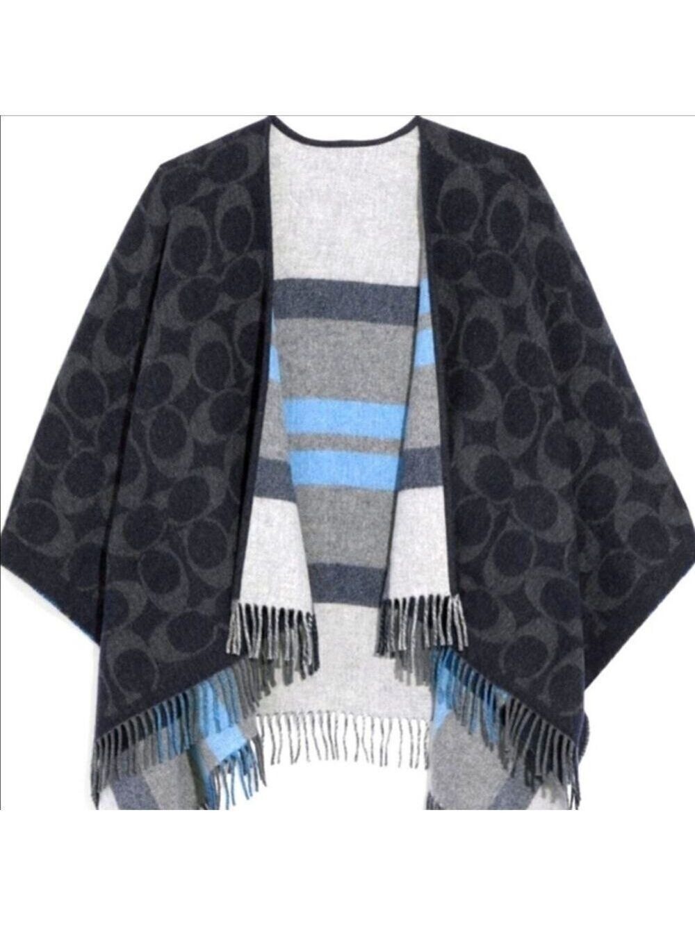 COACH WOOL REVERSIBLE PONCHO CAPE SIGNATURE LOGO MIDNIGHT NAVY